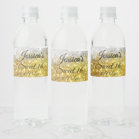 Glitter Sweet 16 - Goud en zilver Waterfles Etiket (Flessen)