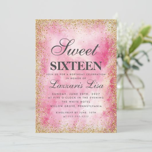 Glitter Sweet 16 Roze waterverf Verjaardag Kaart (Staand voorkant)