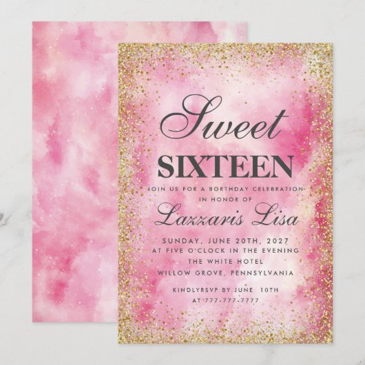 Glitter Sweet 16 Roze waterverf Verjaardag Kaart (Voorkant / Achterkant)