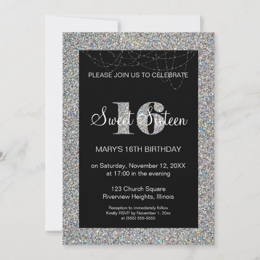 Glitter Sweet 16 Verjaardagsuitnodiging Kaart (Voorkant)