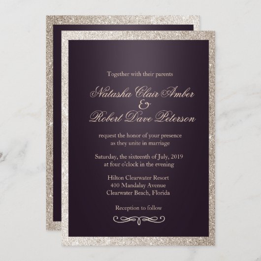 Glitter Taupe Beige Paarse moderne chique bruiloft Kaart (Voorkant / Achterkant)