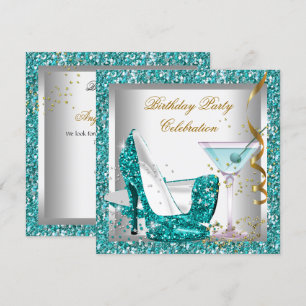 Glitter Teal Blauwe Hoge Hakken Gouden Martini Kaart