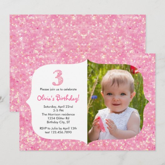 Glitter Third Birthday Invitation Kaart (Voorkant / Achterkant)