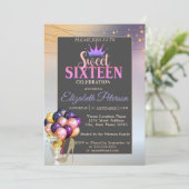 Glitter Tiara, Coctail, Ballons Sweet 16 Party Kaart (Staand voorkant)