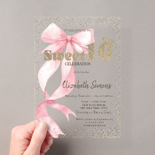 Glitter Tiara, Confetti, Roze Strik Sweet 16 Acryl Uitnodigingen