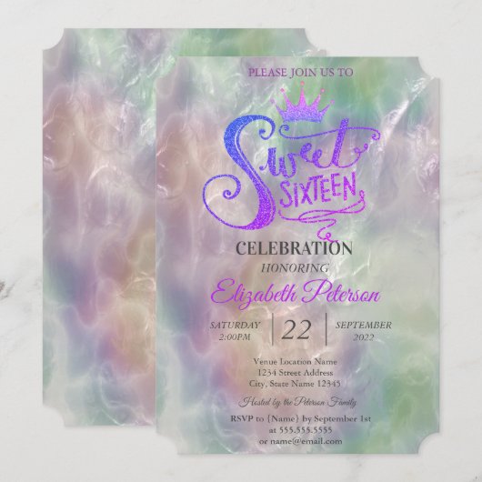 Glitter Tiara Holographic Pearl Sweet 16 Party Kaart (Voorkant / Achterkant)