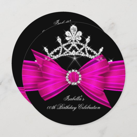 Glitter Tiara Hot Pink Diamond Bow Birthday Party Kaart (Voorkant / Achterkant)