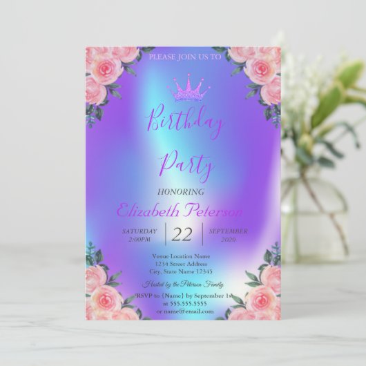 Glitter Tiara Rozen Ombre Holographic Birthday Kaart (Staand voorkant)