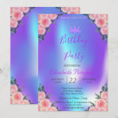 Glitter Tiara Rozen Ombre Holographic Birthday Kaart (Voorkant / Achterkant)