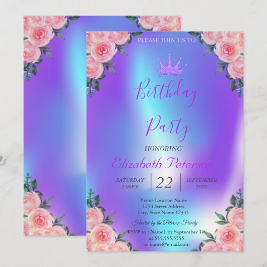 Glitter Tiara Rozen Ombre Holographic Birthday Kaart (Voorkant / Achterkant)