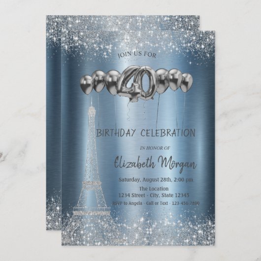 Glitter Tower Confetti ballonnen Blauw Metallic 40 Kaart (Voorkant / Achterkant)