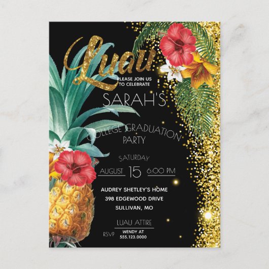 Glitter Tropical Flowers Graduparty Briefkaart (Voorkant)