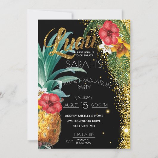 Glitter Tropical Flowers Graduparty Kaart (Voorkant)