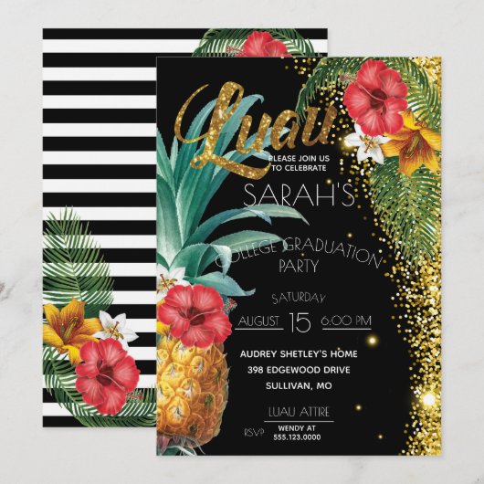 Glitter Tropical Flowers Graduparty Kaart (Voorkant / Achterkant)
