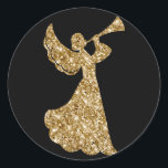 Glitter Trumpeting Angel Christmas Corporate Party Ronde Sticker<br><div class="desc">Elegante Gouden Glitter Trompetterende Engel Kerst sticker</div>