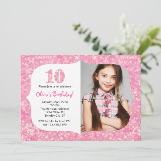 Glitter Ttiende verjaardag Uitnodiging (Staand voorkant)