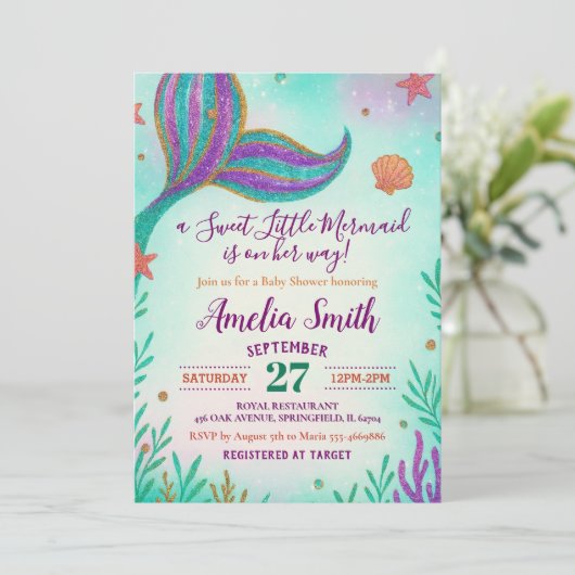 Glitter Turquoise Baby Meisje Zeemeermin Baby show Kaart (Staand voorkant)