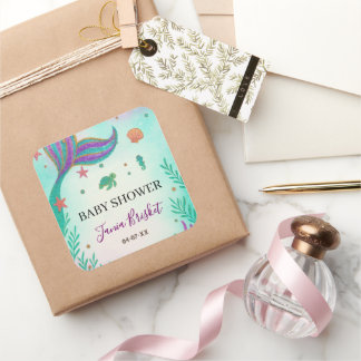 Glitter Turquoise Zeemeermin Baby shower Vierkante Sticker