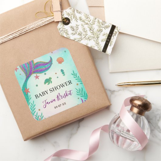 Glitter Turquoise Zeemeermin Baby shower Vierkante Sticker (Geschenken)