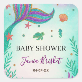 Glitter Turquoise Zeemeermin Baby shower Vierkante Sticker