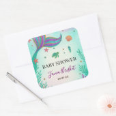 Glitter Turquoise Zeemeermin Baby shower Vierkante Sticker (Envelop)