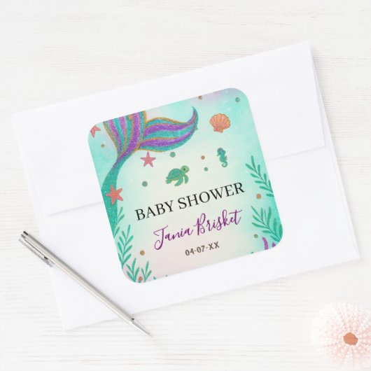 Glitter Turquoise Zeemeermin Baby shower Vierkante Sticker (Envelop)