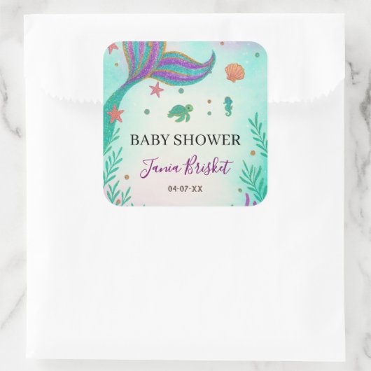 Glitter Turquoise Zeemeermin Baby shower Vierkante Sticker (Tas)