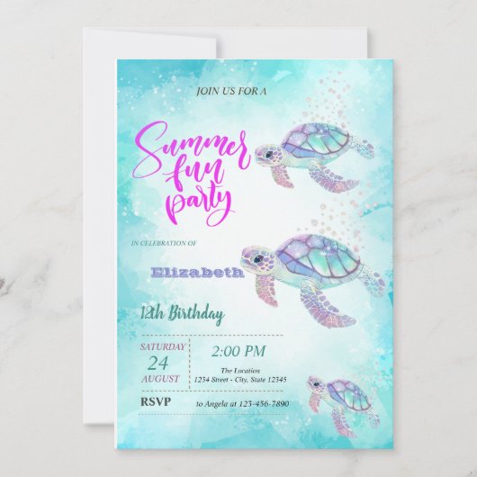 Glitter Turtle Zee Zomer Verjaardagsfeest Kaart (Voorkant)