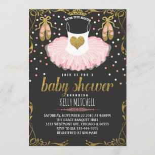 Glitter Tutu baby shower-uitnodiging, roze en goud Kaart