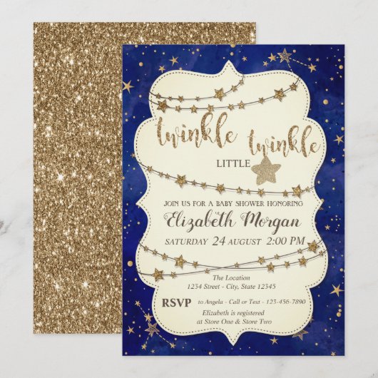 Glitter Twinkel Kleine Ster Gouden Baby Shower Kaart (Voorkant / Achterkant)