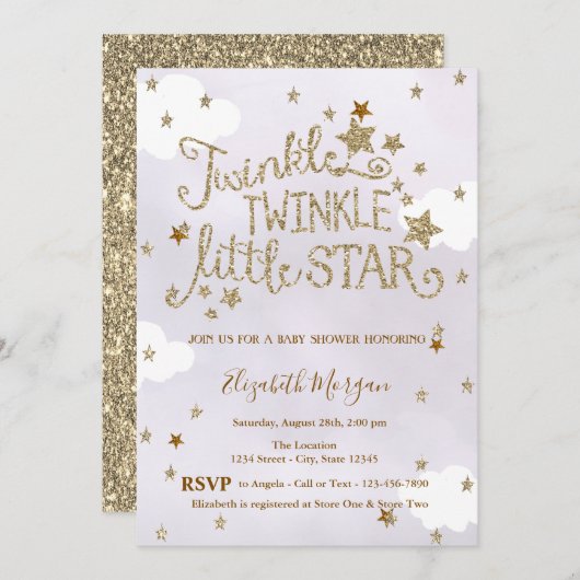 Glitter Twinkle Little Star Lavender Baby Shower Kaart (Voorkant / Achterkant)