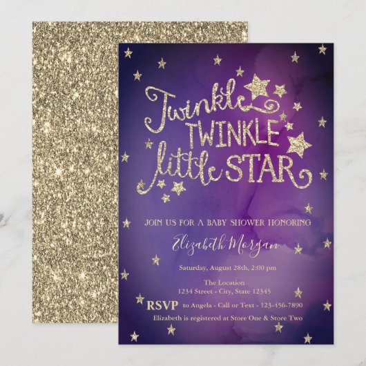 Glitter Twinkle Little Star Violet Baby shower Kaart (Voorkant / Achterkant)