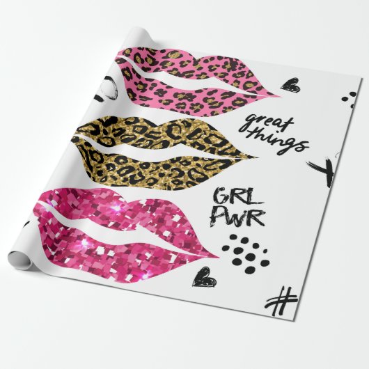 Glitter typografie afdrukken met lippenpatroon cadeaupapier (Uitgerold)