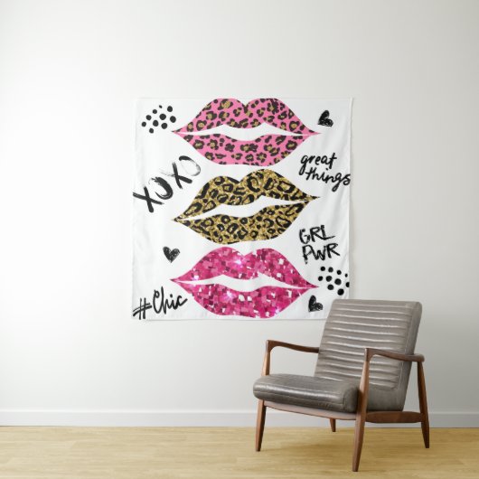 Glitter typografie afdrukken met lippenpatroon wandkleed (In situ)