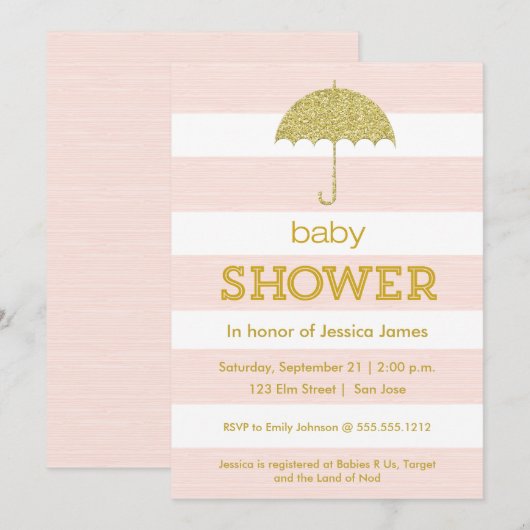 Glitter umbrella baby shower-uitnodiging - roze kaart (Voorkant / Achterkant)