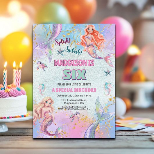 Glitter Under the Sea Mermaids 6th Birthday Party Kaart