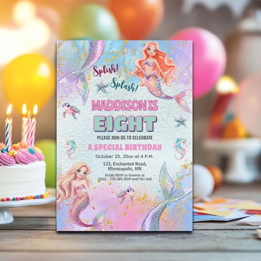 Glitter Under the Sea Mermaids 8th Birthday Party Kaart