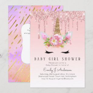 GLITTER UNICORN Baby GIRL Shower Pink Gold Kaart