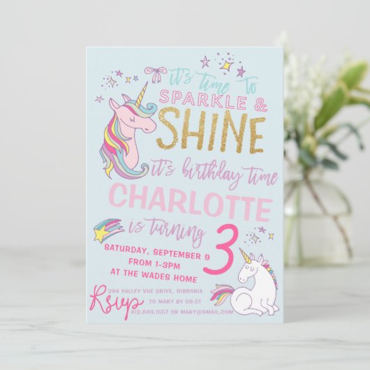 Glitter Unicorn Birthday Uitnodiging (Staand voorkant)