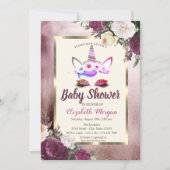 Glitter Unicorn, Bokeh, Burgundy Floral Baby showe Kaart (Voorkant)