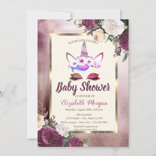 Glitter Unicorn, Bokeh, Burgundy Floral Baby showe Kaart (Voorkant)