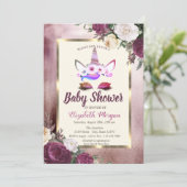 Glitter Unicorn, Bokeh, Burgundy Floral Baby showe Kaart (Staand voorkant)