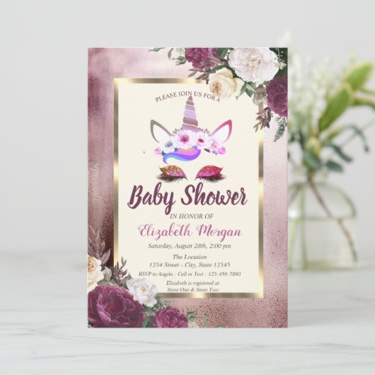 Glitter Unicorn, Bokeh, Burgundy Floral Baby showe Kaart (Staand voorkant)