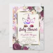 Glitter Unicorn, Burgundy Floral Baby shower Kaart (Voorkant)