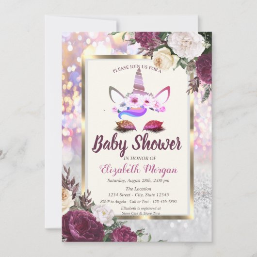 Glitter Unicorn, Burgundy Floral Baby shower Kaart (Voorkant)