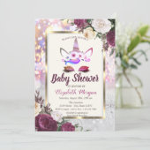 Glitter Unicorn, Burgundy Floral Baby shower Kaart (Staand voorkant)