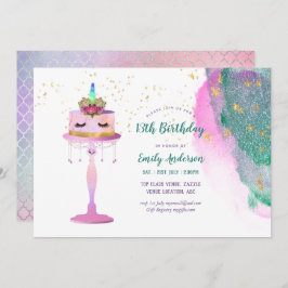 Glitter Unicorn Cake Pink Gold Foil 13th Birthday Kaart