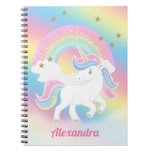 Glitter Unicorn en Rainbow met persoonlijke naam Notitieboek (Voorkant)