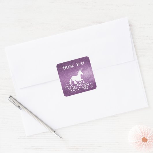 Glitter Unicorn en Stars Bedankt | Magenta Vierkante Sticker (Envelop)
