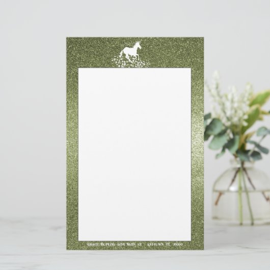 Glitter Unicorn en Stars | Groene bakkerij Briefpapier (Staand voorkant)